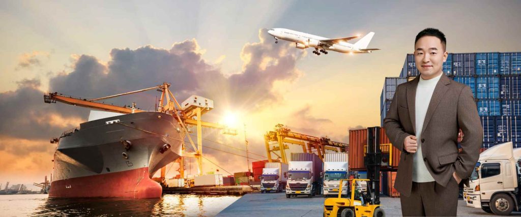 WanSea representative with ship, aircraft and truck logistics
