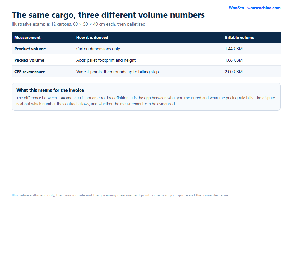 Billed for More Cubic Meters? How to Dispute It 1 Table comparing product volume, packed volume and re-measured billable volume for the same twelve cartons